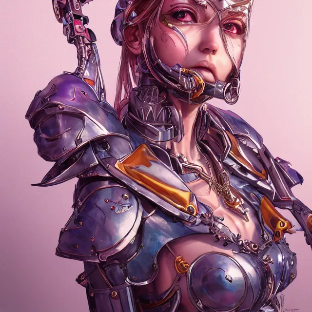 Image similar to studio portrait of lawful good colorful female holy mecha paladin absurdly beautiful, elegant, young skinny bikini model, ultrafine hyperrealistic detailed face illustration by kim jung gi, irakli nadar, intricate linework, sharp focus, bright colors, matte, octopath traveler, final fantasy, unreal engine highly rendered, global illumination, radiant light, intricate environment