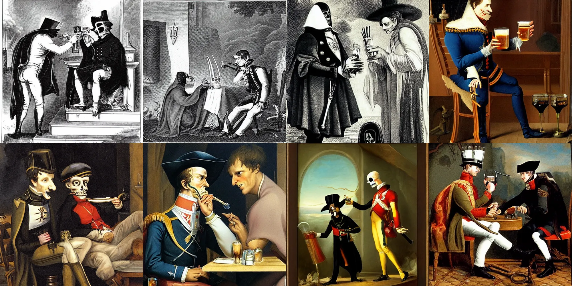 Prompt: Napoleon drinking beer with the grim reaper