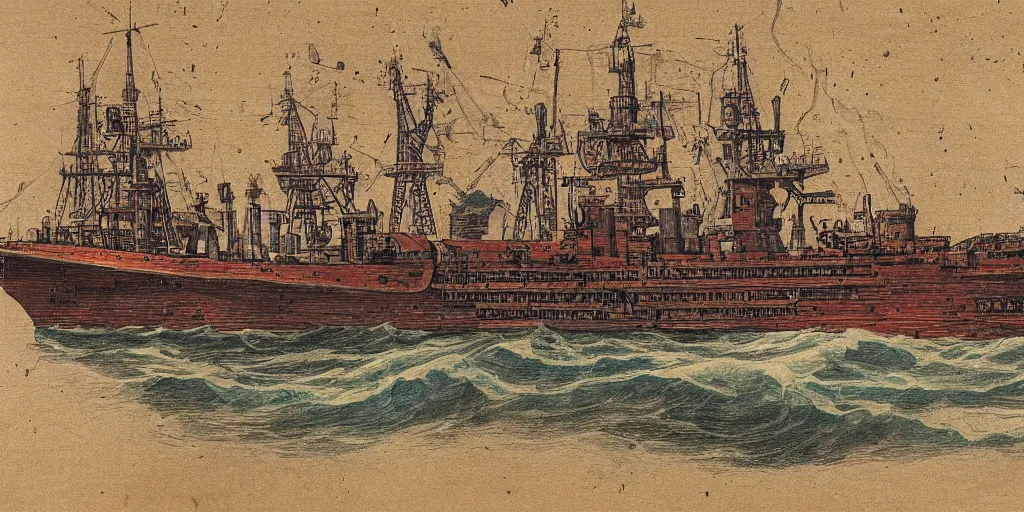 Prompt: scientific document, war ship, in rich color, aged paper, texture, highly detailed, close up