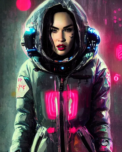 Prompt: detailed portrait megan fox cyborg operator girl cyberpunk futuristic neon reflective puffy coat, decorated with traditional japanese ornaments by ismail inceoglu dragan bibin hans thoma greg rutkowski alexandros pyromallis nekro rene margitte illustrated perfect face, fine details, realistic shaded, fine - face, pretty face