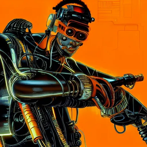 Prompt: mechanic wearing cyberpunk 2 0 7 7 industrial mechanical arms. orange and black color scheme. mechanical concept art by james gurney and mœbius.