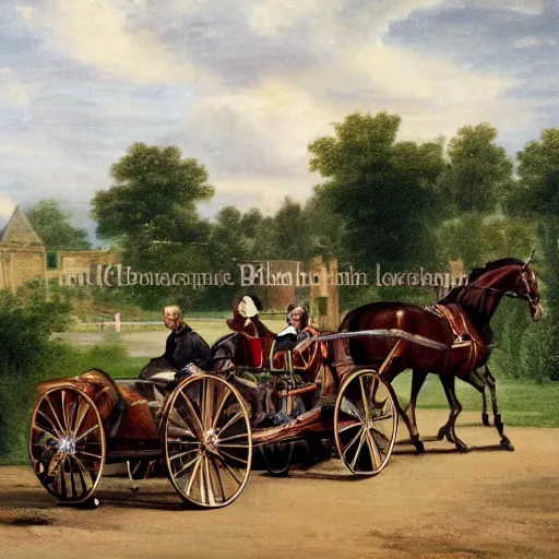 Image similar to lady catherine de bourgh from pride and prejudice drives her barouche box pulled by two horses on the formula 1 circuit of le mans. cinematic, technicolor, highly intricate