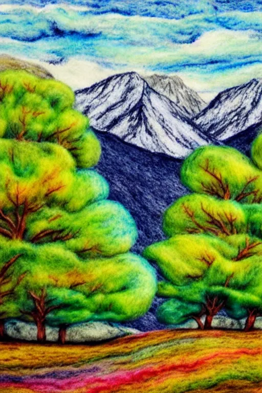 Image similar to fantastic mountain landscape, pastel colors, huge trees, dry felting, watercolors