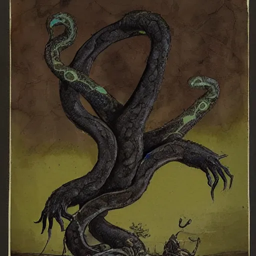 Image similar to A beautiful mixed mediart of a large, looming creature with a long, snake-like body. The creature has many large, sharp teeth, and its eyes glow a eerie green. It is wrapped around a large tree, which is bent and broken under the creature's weight. There is a small figure in the foreground, clutching a sword, which is dwarfed by the size of the creature. pastel white by Bordalo II incredible, composed