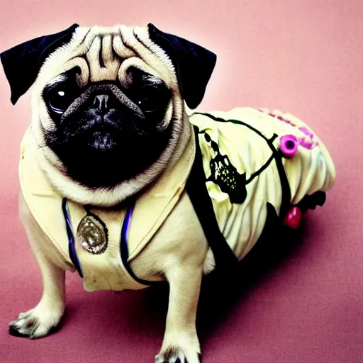 Image similar to pug dressed like dolly parton playing guitar