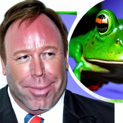 Prompt: Alex Jones with frog legs and a frog body his face is on a frog