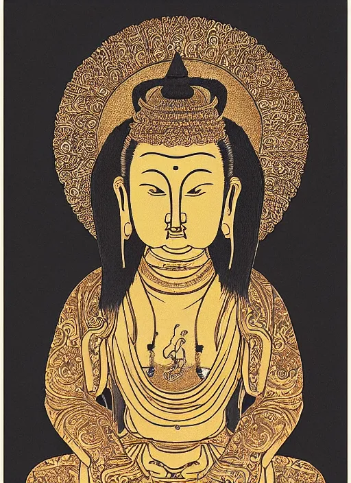 Image similar to detailed pen illustration of an anthropomorphic asian black bears head on Buddhist bodhisattva body, seated in royal ease, 0.1 black micron pen on white paper, gilded gold halo behind head, 24K gold leaf, reflective, beautiful, highly detailed, fine pen work, religious iconography, white background
