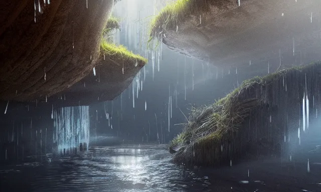 Image similar to beautiful picture of a magical vertical cylindrical tunnel made of big upside-down raindrops joining a dried up river with the sun, highly-detailed, fantastic, dramatic lighting, artstation, 4k