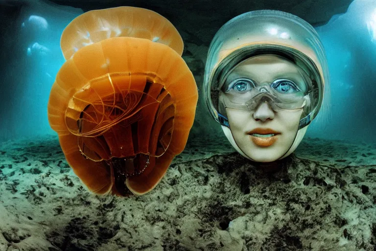 Image similar to high-angle view of a Ukrainian lush female jellyfish human hybrid wearing mayan stone armor and fully transparent amber visor shades with small digital number readout, sitting inside of an underwater 1920s subway station with a submarine trains on the seabed floor, filing cabinets in the sand, ektachrome color photograph, volumetric lighting, off-camera flash, 24mm f8 aperture