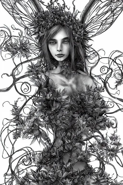 Image similar to book cover | plant fairy | digital painting | highly detailed | ultra realistic | dark fantasy | vivid colors | cinematic atmosphere | hyper detailed | black and white | strong lines