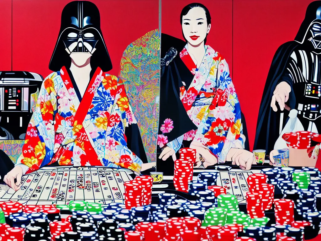 Image similar to hyperrealistim composition of the detailed single woman in a japanese kimono sitting at a extremely detailed poker table with darth vader, fireworks, river on the background, pop - art style, jacky tsai style, andy warhol style, acrylic on canvas