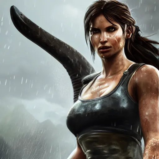 Image similar to Lara croft as blacksmith, wet face , heavy rain ,dramatic, intricate, highly detailed, concept art, smooth, sharp focus, illustration, Unreal Engine 5, 8K