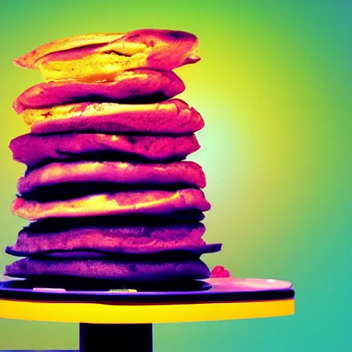 Image similar to a psychedelic stack of pancakes on a pedestal at an art museum, realistic photo, vaporwave style