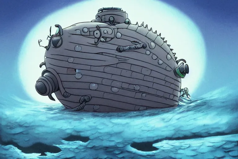 Image similar to cell shaded cartoon of a giant lovecraftian mechanized grey sunfish from howl's moving castle ( 2 0 0 4 ), in an icy river, full body, wide shot, very muted colors, post grunge, studio ghibli, highly detailed, deviantart, art by artgem