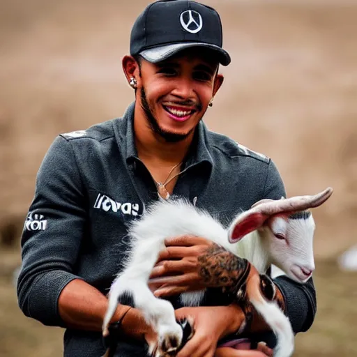 Image similar to an award winning photo of lewis hamilton holding a baby goat, 4 k