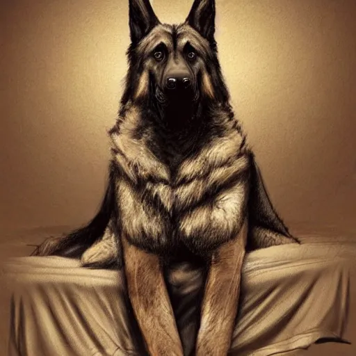 Image similar to a humanoid german shepherd beast - man in military style, sitting on the carpeted floor beside a bed, highly detailed portrait, digital painting, artstation, concept art, smooth, sharp foccus ilustration, artstation