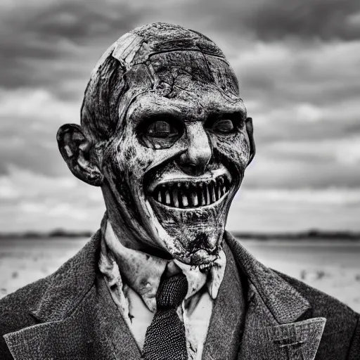 Image similar to a man in a weathered suit with a creepy smile looking straight at the camera ( black and white photo, greatly illustrated, photo realistic, high detailed photo, great quality photo, 4 k )