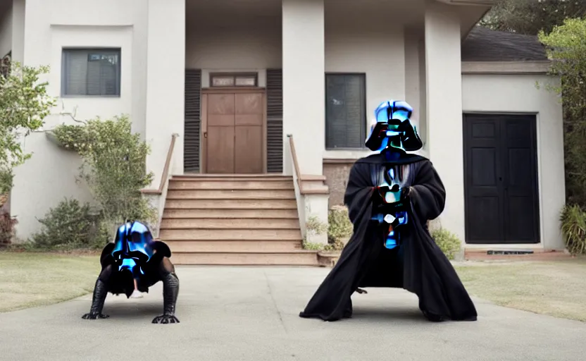 Image similar to Darth doing pushups in front of his house, 8k