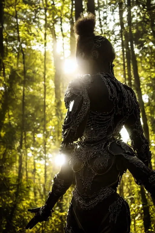 Image similar to hyperrealistic long shot mithra gorgeous black woman intricate exoskeleton bone armor in a forest sun behind her god rays highly detailed concept art eric zener elson peter cinematic low angle hd 8k sharp rack focus