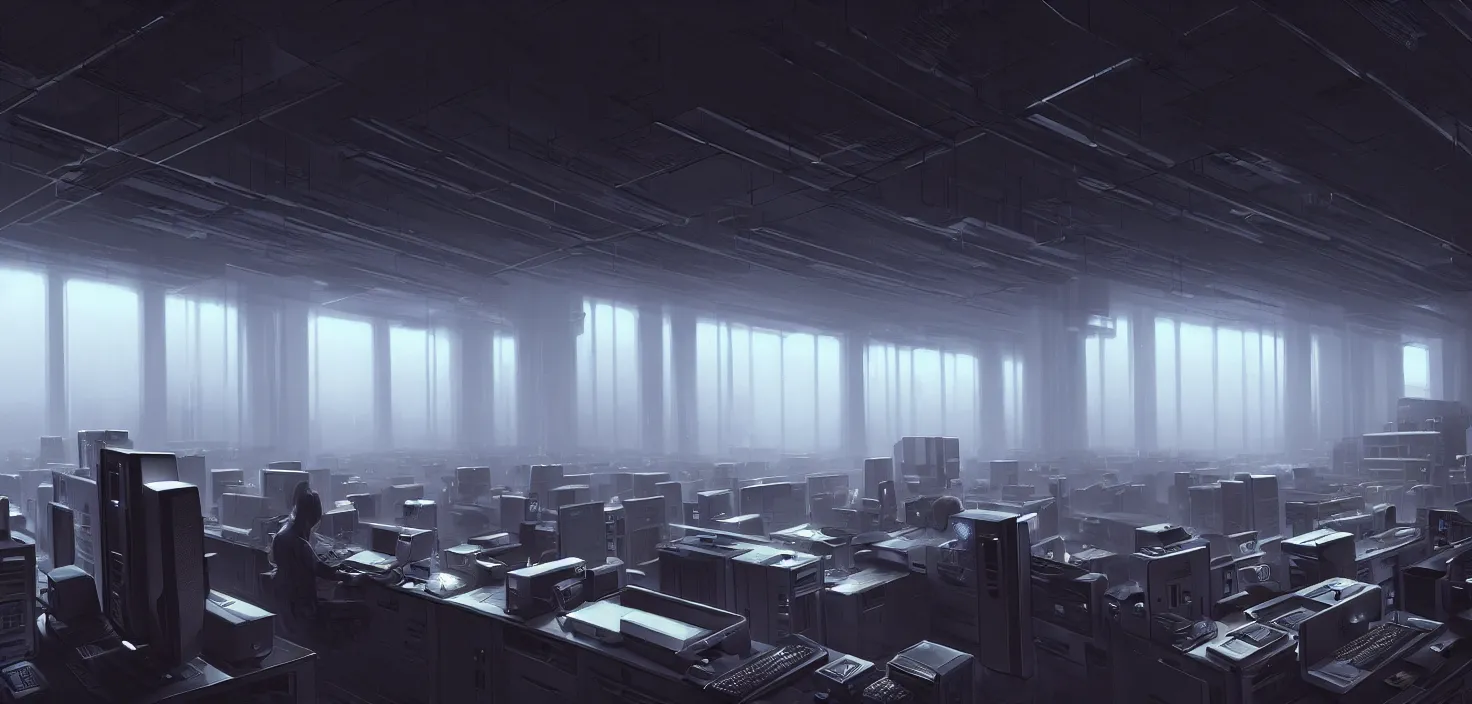 Prompt: computers, wired in, in a highly detailed server room with computers everywhere, cinematic view, epic sky, detailed, concept art, low angle, high detail, warm lighting, volumetric, godrays, vivid, beautiful, trending on artstation, by jordan grimmer, huge scene, art greg rutkowski