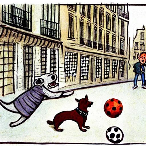 Image similar to book illustration of a french boy on the streets of paris playing football against a corgi, the dog is wearing a polka dot scarf, 1 9 6 6