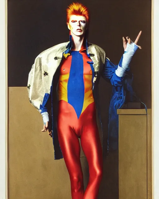 Prompt: david bowie as ziggy stardust by jean auguste dominique ingres, labyrinthine, sacred, mystical