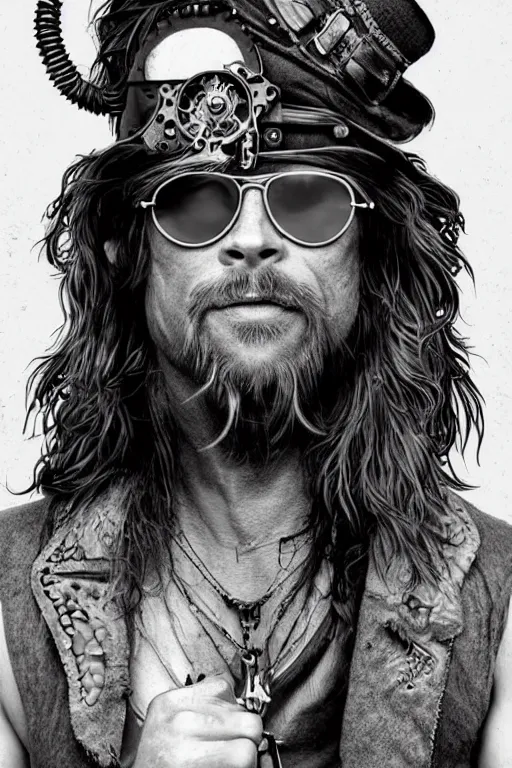 Prompt: 3 9 year old yoga punk singer with long hair and beard, looks like brad pitt, wearing sunglasses, works as commercial model, as a steampunk cyborg gunslinger, portrait, western, duster, fantasy, intricate, elegant, highly detailed, digital painting, artstation, concept art, sharp focus, illustration, art by artgerm and greg rutkowski and alphonse mucha