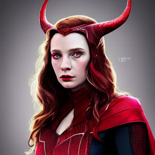 Image similar to A portrait of elizabeth as scarlet witch with horns, cinematic, digital art, amazing detail