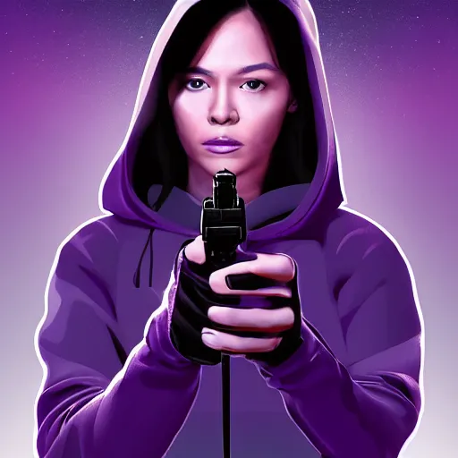 Image similar to poster artwork, sci fi, a female, full body, black hoodie techie, black hair with purple streaks, holding a gun, 8 k