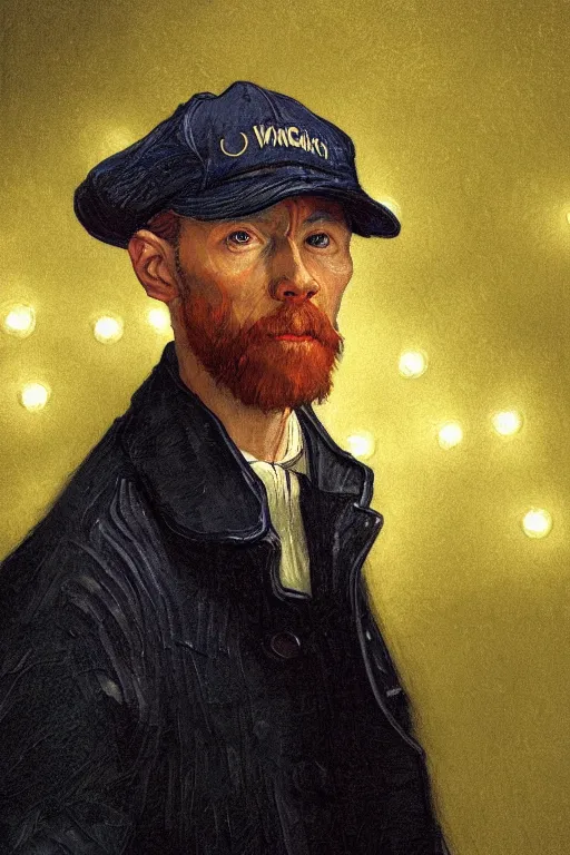 Prompt: portrait of van goh wearing hipster clothes and baseball hat, staring directly into camera, intricate, elegant, glowing lights, highly detailed, digital painting, artstation, sharp focus, illustration, art by wlop, mars ravelo and greg rutkowski