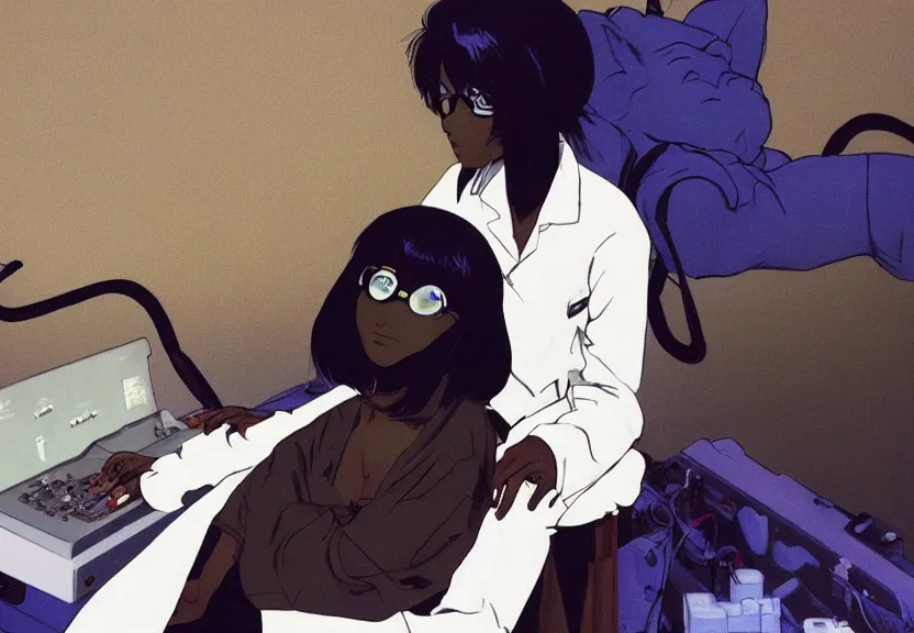 Image similar to dark skin woman wearing a white lab coat with a blue wolf haircut, body connected to wires and connected to 1 9 8 0 s computers, painted by yoshitoshi abe and makoto shinkai, in the style of serial experiments lain, dynamic lighting, dark ambience, 3 5 mm, cell - shaded, detailed face, retro