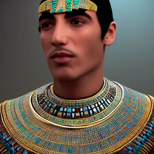 Image similar to a man in egyptian clothing wearing rings and jewlery on his neck, 8k resolution, serene, magical, digital art, hyperdetailed, Unreal Engine