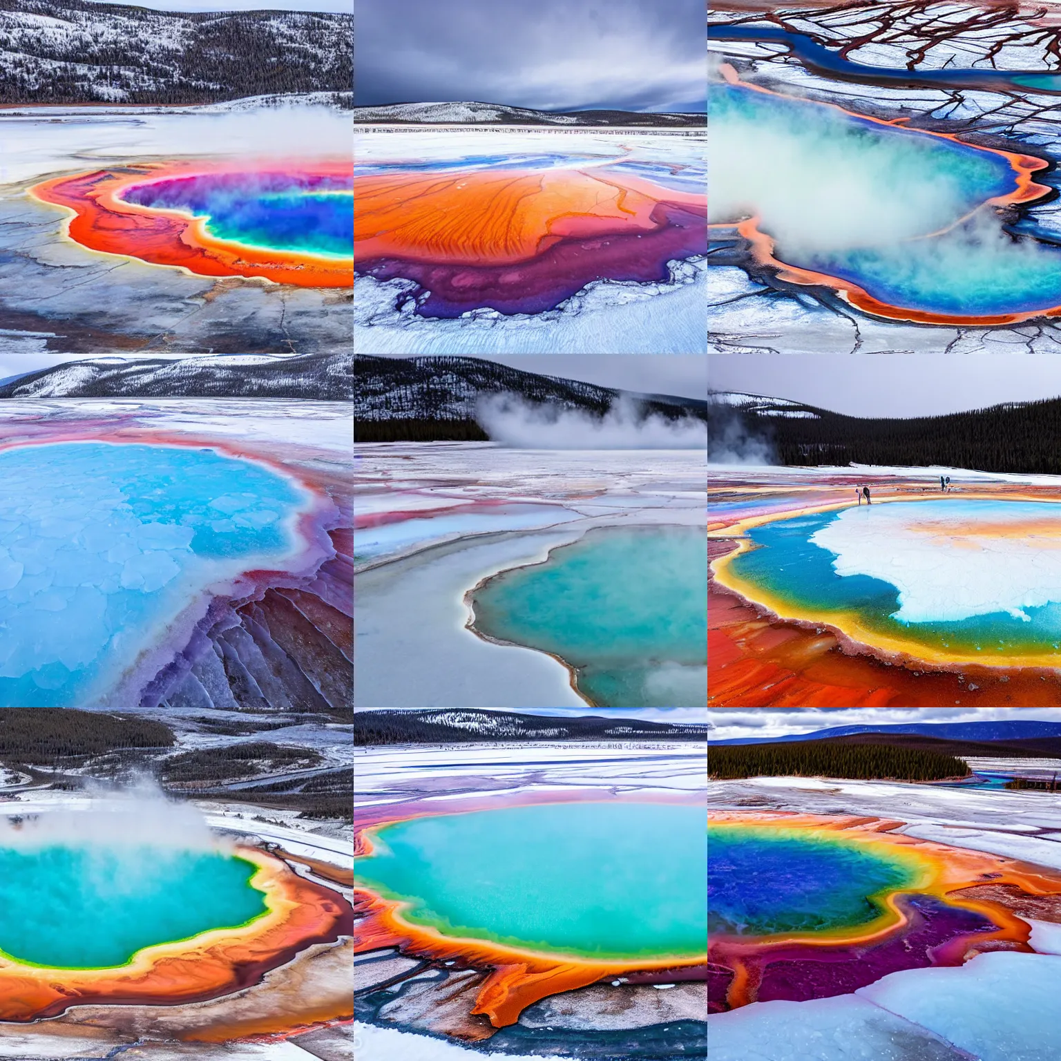 Prompt: grand prismatic spring frozen covered in ice and snow