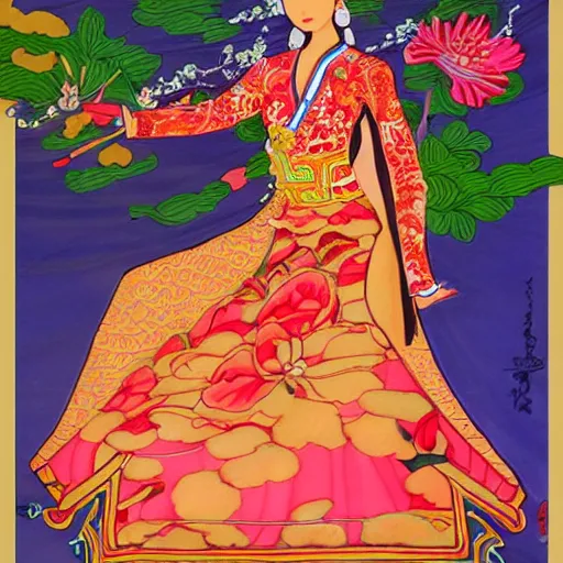 Image similar to silk painting of beautiful vietnamese princess wearing vietnamese ao dai, 2 d game art, character design, in the style of nguyen phan chanh and lam manh