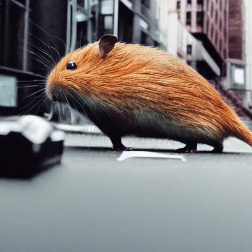 Prompt: huge hamster terrorizing new york city destroying buildings, realistic, analog photography