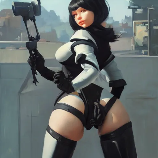 Prompt: greg manchess portrait painting of yorha type a no. 2 as tracy from overwatch from behind, organic painting, sunny day, matte painting, bold shapes, hard edges, street art, trending on artstation, by huang guangjian and gil elvgren and sachin teng