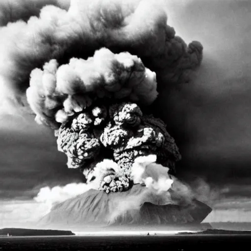 Image similar to cinematic photo of hundreds of zeppelins clustered around an active volcano on an island