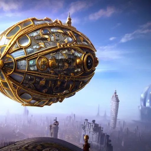 Image similar to enormous flying city in a faberge egg, sky, steampunk, fantasy art, masterpiece, unreal engine 5