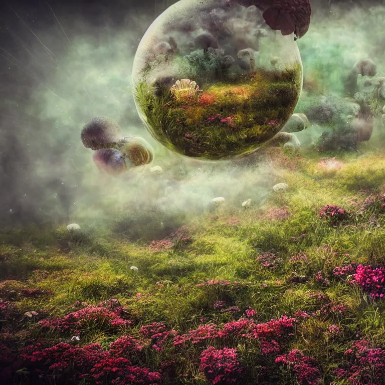 Image similar to a planet of various fungus, mushrooms, flowers and plants, inside the picture is infinity, Atmospheric, artistic photography, conceptual, long exposure outside the city, volumetric light