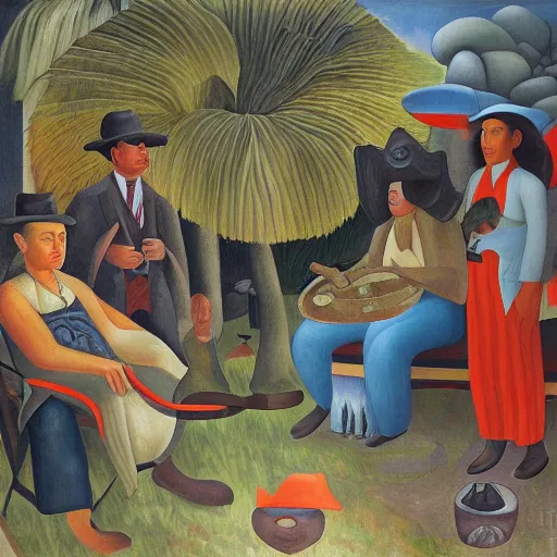 Image similar to high quality, high detail painting, dutch masterpiece, jim jarmusch, film noir, diego rivera, high garden scene with quetzalcoatl, hd, muted lighting