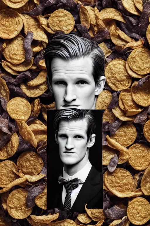 Image similar to 📷 matt smith the bag of smith's crisps, made of food, head portrait, dynamic lighting, 4 k