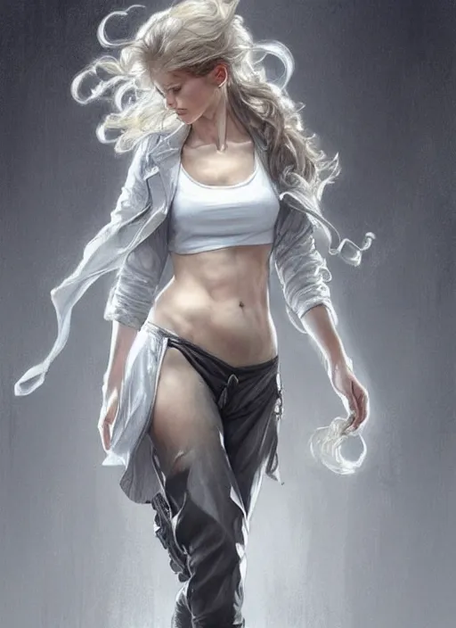 Image similar to girl in very short white! top and very short gray! leather jacket, open belly, long dark curly hair, high waist sweatpants, intricate, elegant, highly detailed, digital painting, artstation, concept art, smooth, illustration, art by artgerm and greg rutkowski and alphonse mucha