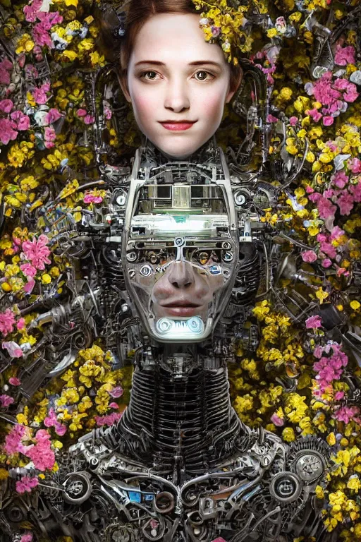 Prompt: a beautiful intricate fine art portrait photo of a happy mechanical futuristic cybernetic humanoid reading a letter of good news, by tom bagshaw and anna dittman, eyes light up, perfection!, studio lighting, golden ratio composition, 3 5 mm lens, bionic robot overgrown with flowers, cybernetic scifi, deep depth of field, artstation, 8 k