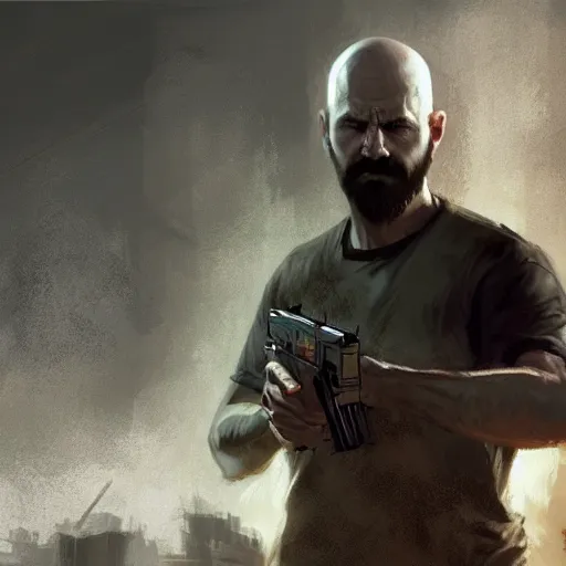 Prompt: painting of an undercover cup, concept art, bald with short beard, call of duty, max payne, inspired by seven the movie, golden hour, city environment, dramatic lighting, digital art, 8 k, extremely detailed, drawn by ruan jia