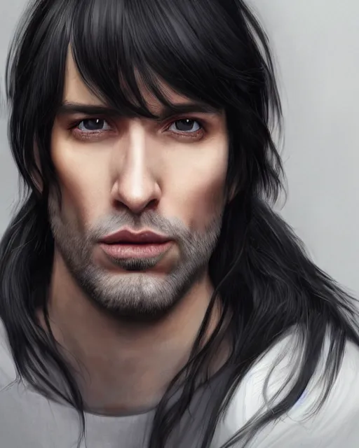 Image similar to portrait of tall, 3 3 - year - old handsome man with long dirty black hair, and grey eyes, wearing black clothes, clear face, hyper realistic face, beautiful eyes, character art, art by mark brooks, hyperdetailed, cryengine, trending on artstation, digital art
