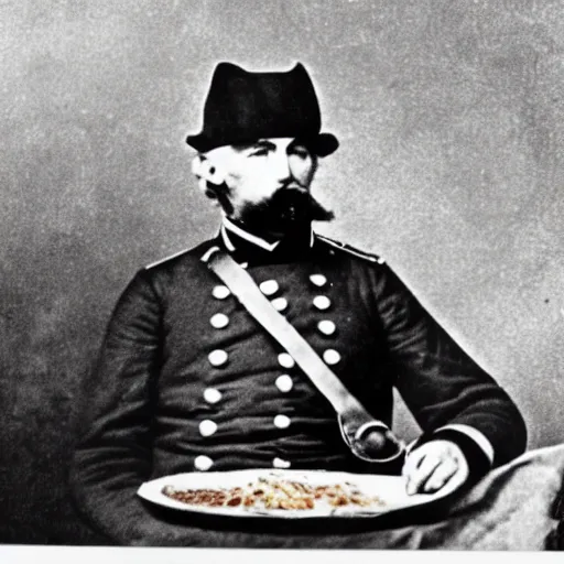 Prompt: a 1 8 5 8 photo of general pitzer, a union general, eating a large burrito with cheese and salsa