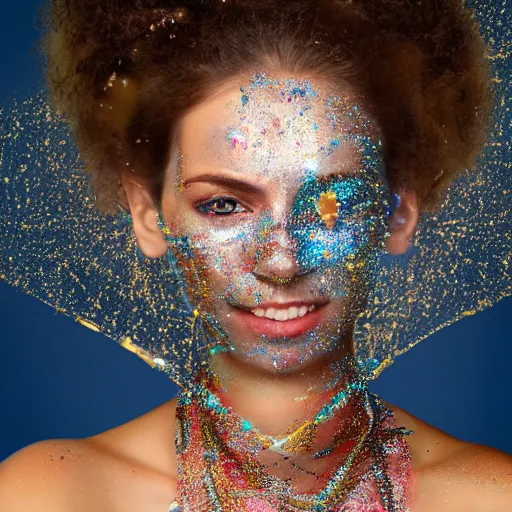 Prompt: portrait of a beautiful futuristic smiling woman layered with high-tech jewelry wrapping around her face and head, golden-silver light with tiny blue, gold, and red gems scattered like dust