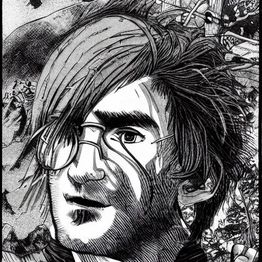 Prompt: pen and ink!!!! attractive 22 year old monochrome!!!! John Lennon highly detailed manga Vagabond!!!! telepathic floating magic swordsman!!!! glides through a beautiful!!!!!!! battlefield magic the gathering dramatic esoteric!!!!!! pen and ink!!!!! illustrated in high detail!!!!!!!! graphic novel!!!!!!!!! by Gustav Klimt, Moebius, and Hiroya Oku!!!!!!!!! MTG!!! award winning!!!! full closeup portrait!!!!! action manga panel