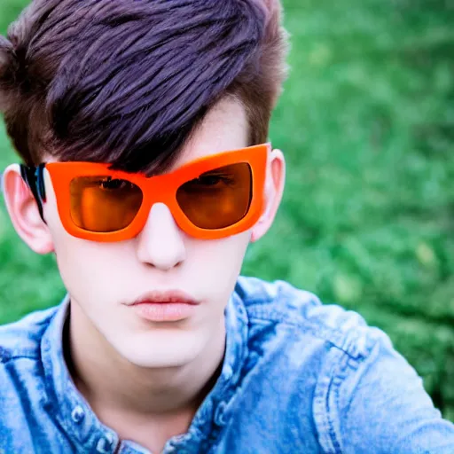 Prompt: teenage boy with kamina shades and sharp white hair, orange eyes.