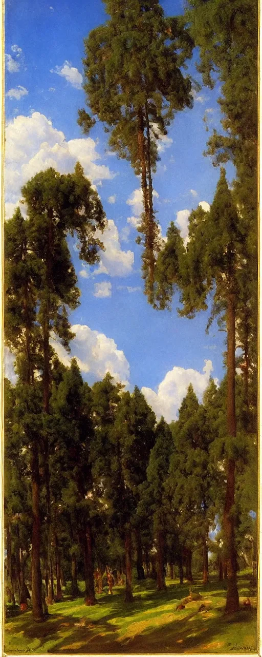 Image similar to disney backdrop of a blue sky with white couds by eugene von guerard, ivan shishkin, john singer sargent